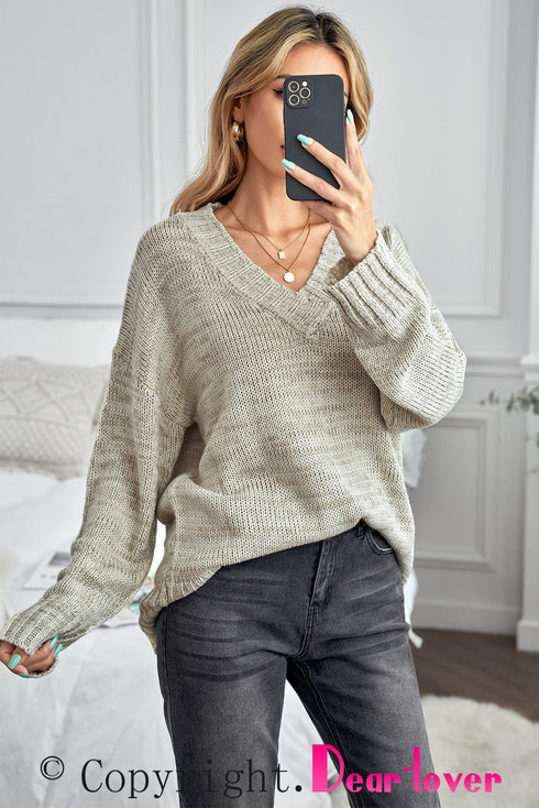 V Neck Drop Shoulder Knitted Sweater